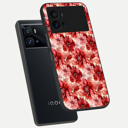  Crimson Love Petals phone case For iQOO 9 Pro showing premium glass back cover with detailed artwork