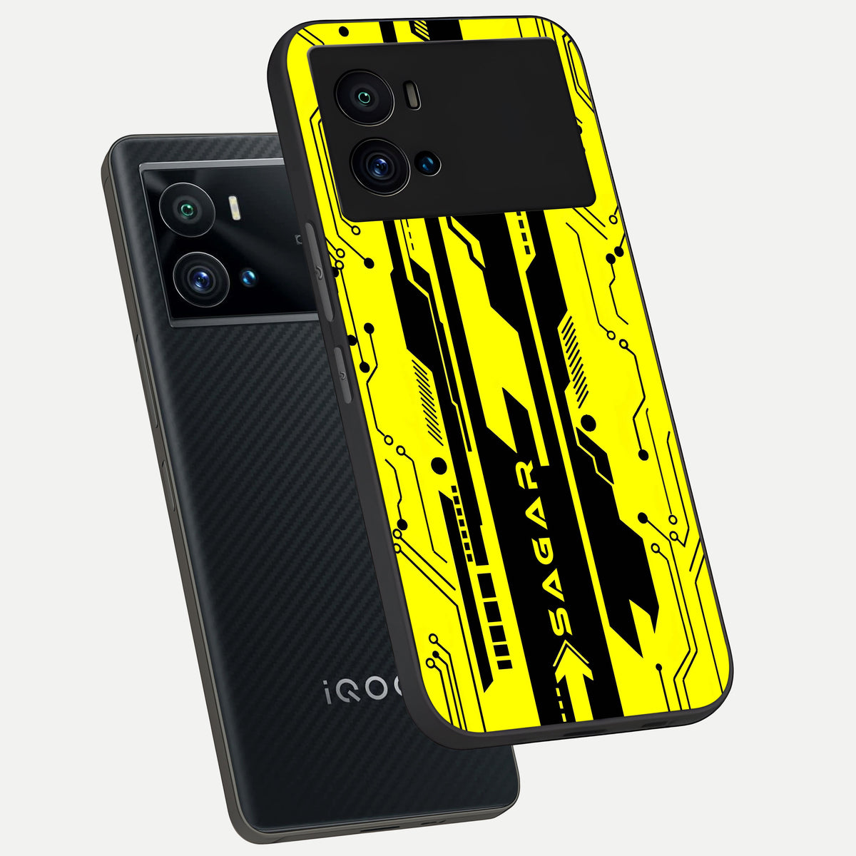  Electric Pulse CYBERPUNK Custom Name phone case For iQOO 9 Pro showing premium glass back cover with detailed artwork