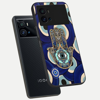  Hamsa Divine Guard phone case For iQOO 9 Pro showing premium glass back cover with detailed artwork