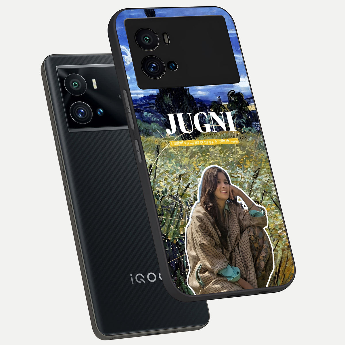  Jugni Soul Vibes phone case For iQOO 9 Pro showing premium glass back cover with detailed artwork