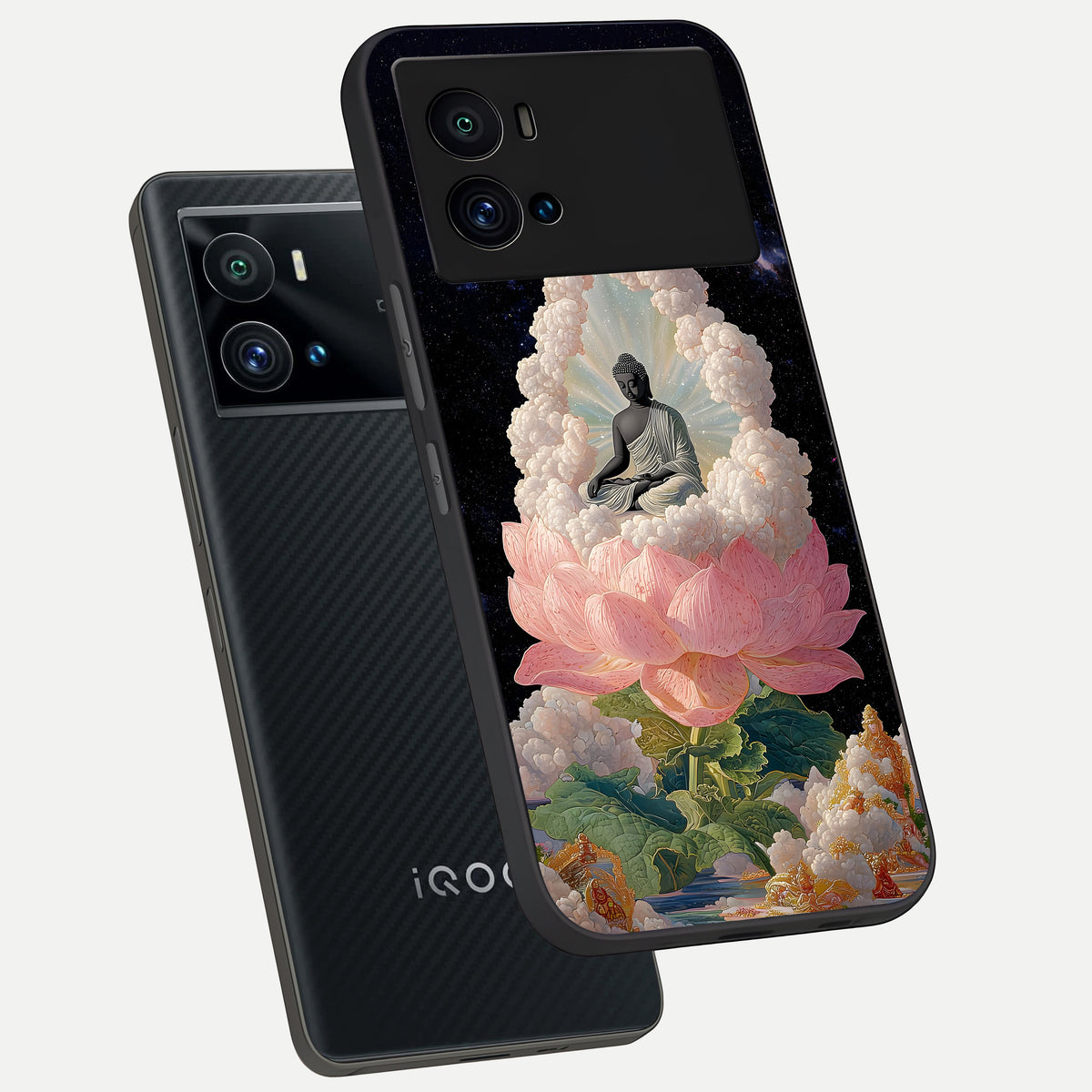  Lotus Divine Peace phone case For iQOO 9 Pro showing premium glass back cover with detailed artwork