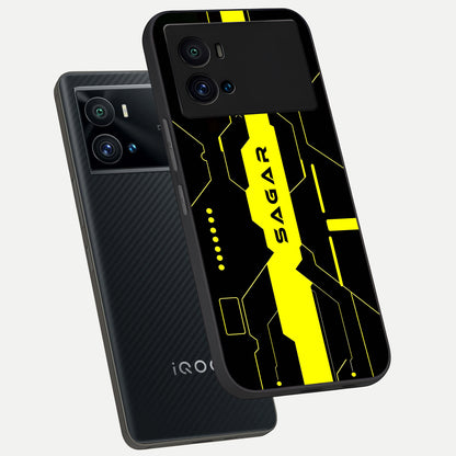  Neon CYBERPUNK Custom Name phone case For iQOO 9 Pro showing premium glass back cover with detailed artwork