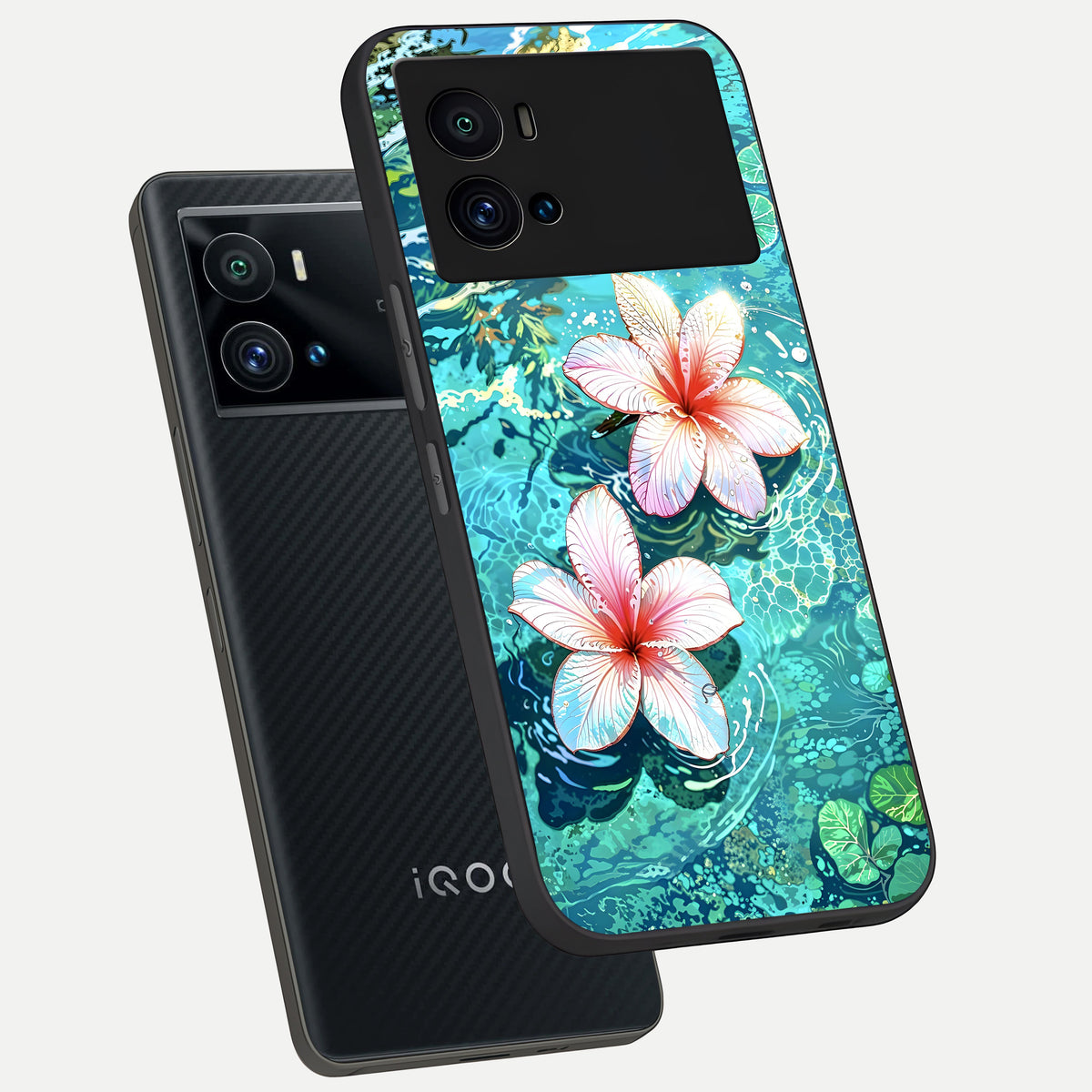  Pink Flowers in Water phone case For iQOO 9 Pro showing premium glass back cover with detailed artwork