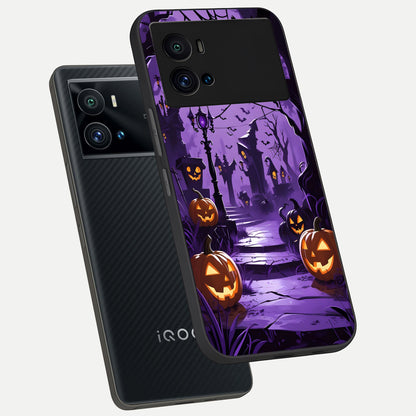  Pumpkin Patch Halloween phone case For iQOO 9 Pro showing premium glass back cover with detailed artwork