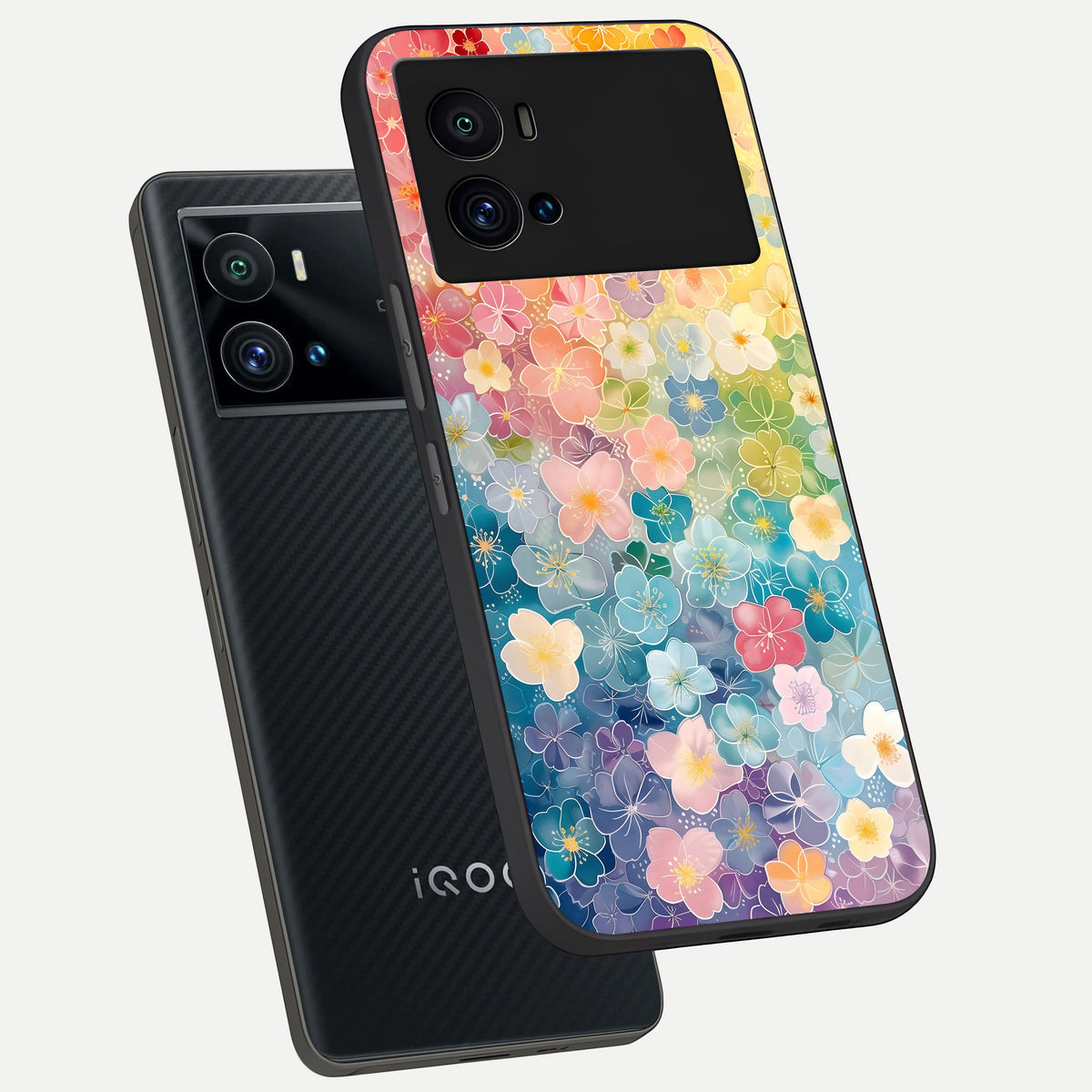  Rainbow Blossom Burst phone case For iQOO 9 Pro showing premium glass back cover with detailed artwork