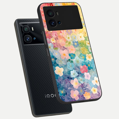  Rainbow Blossom Burst phone case For iQOO 9 Pro showing premium glass back cover with detailed artwork
