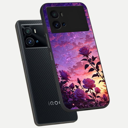  Starlit Rose Twilight phone case For iQOO 9 Pro showing premium glass back cover with detailed artwork