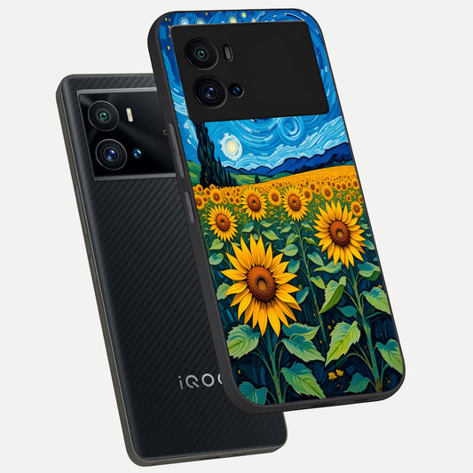  Starry Sunflower Dreams phone case For iQOO 9 Pro showing premium glass back cover with detailed artwork