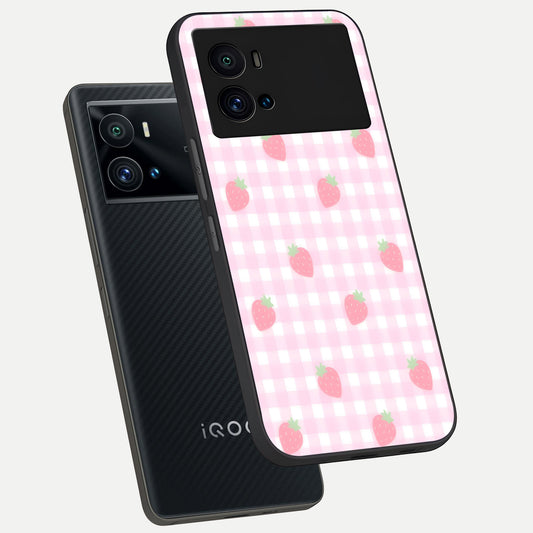  Strawberry Picnic Love phone case For iQOO 9 Pro showing premium glass back cover with detailed artwork