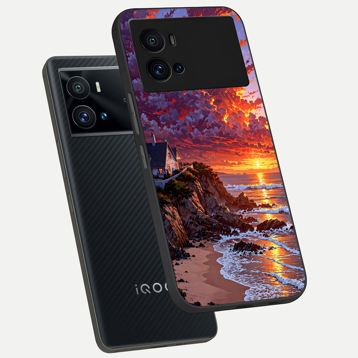  Sunset House By Sea phone case For iQOO 9 Pro showing premium glass back cover with detailed artwork