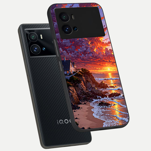  Sunset House By Sea phone case For iQOO 9 Pro showing premium glass back cover with detailed artwork