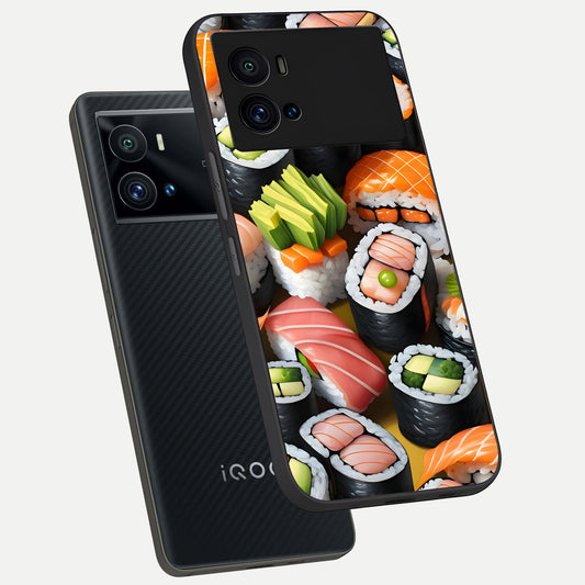  Sushi Food Pattern phone case For iQOO 9 Pro showing premium glass back cover with detailed artwork