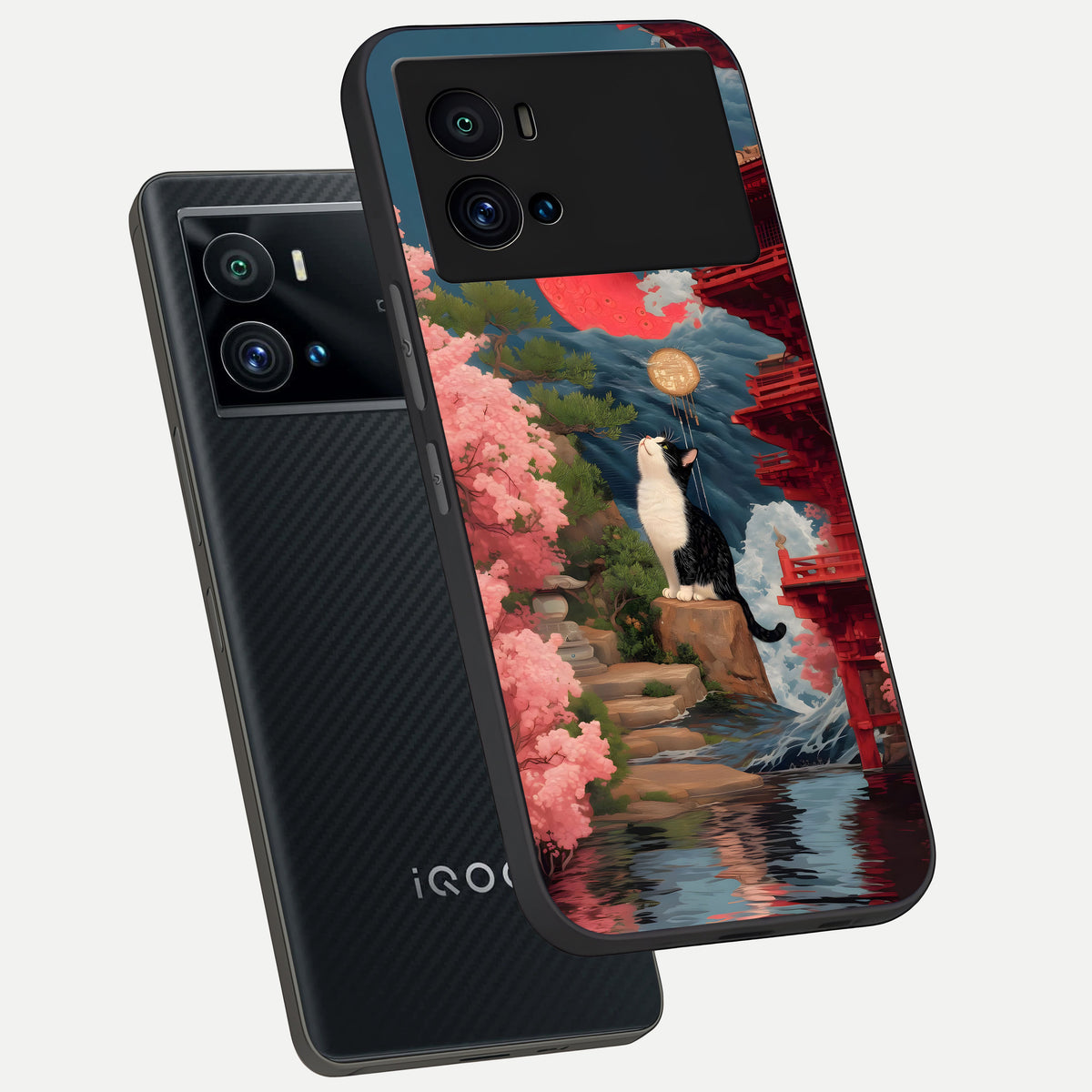  Temple Cat Scenery phone case For iQOO 9 Pro showing premium glass back cover with detailed artwork