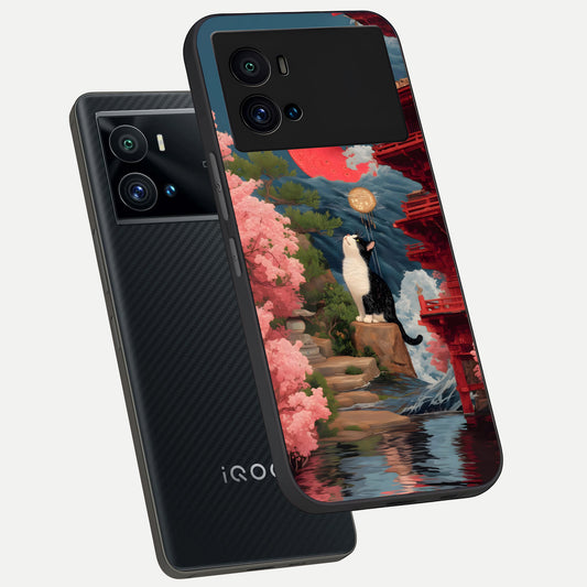 Temple Cat Scenery phone case For iQOO 9 Pro showing premium glass back cover with detailed artwork