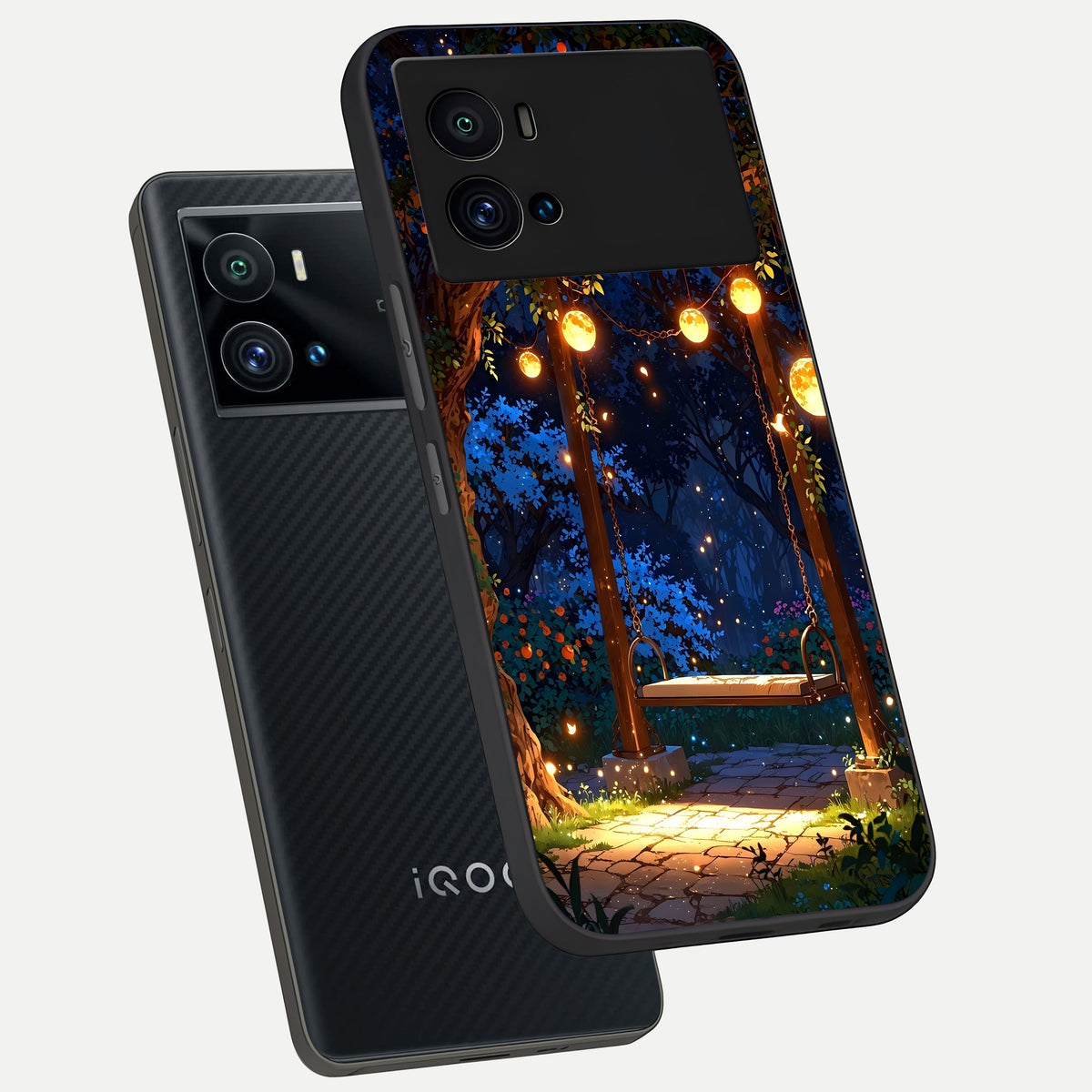  Twilight Garden Swing phone case For iQOO 9 Pro showing premium glass back cover with detailed artwork