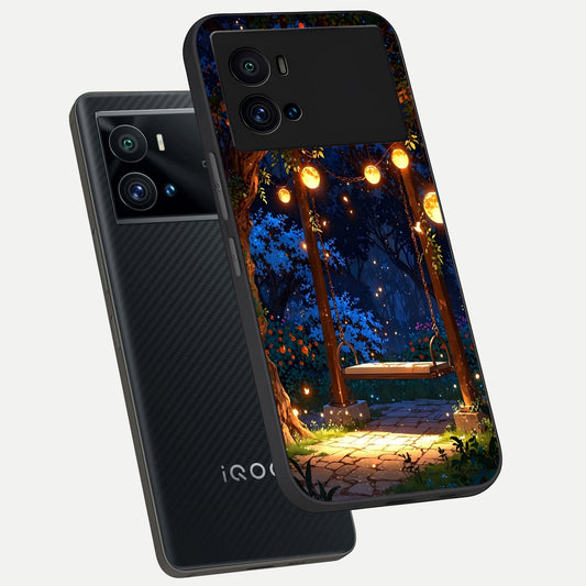  Twilight Garden Swing phone case For iQOO 9 Pro showing premium glass back cover with detailed artwork