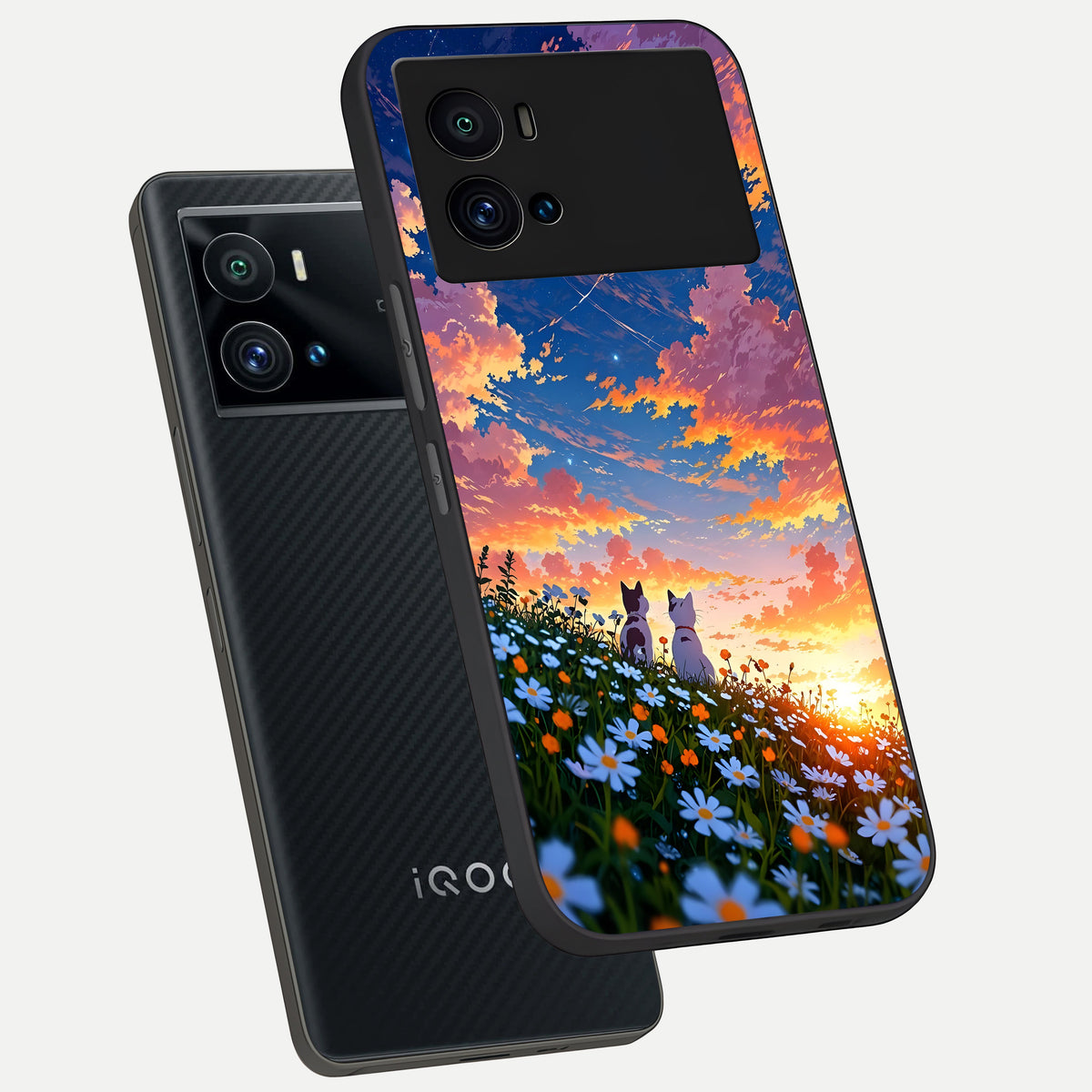  Two Cats Friends phone case For iQOO 9 Pro showing premium glass back cover with detailed artwork