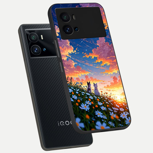  Two Cats Friends phone case For iQOO 9 Pro showing premium glass back cover with detailed artwork