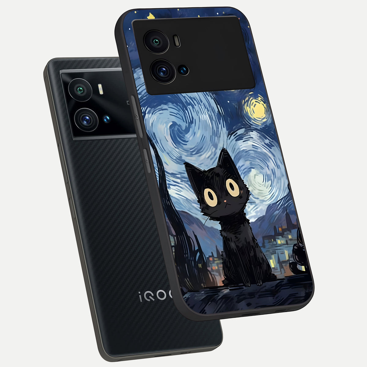  Van Gogh Cat phone case For iQOO 9 Pro showing premium glass back cover with detailed artwork