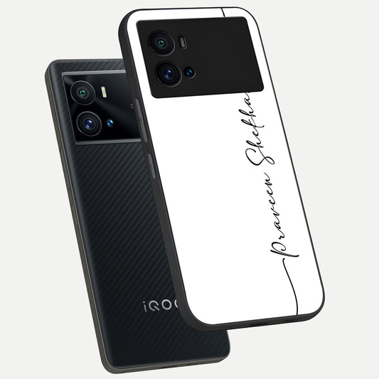  White Tune Custom Name phone case For iQOO 9 Pro showing premium custom name glass back cover