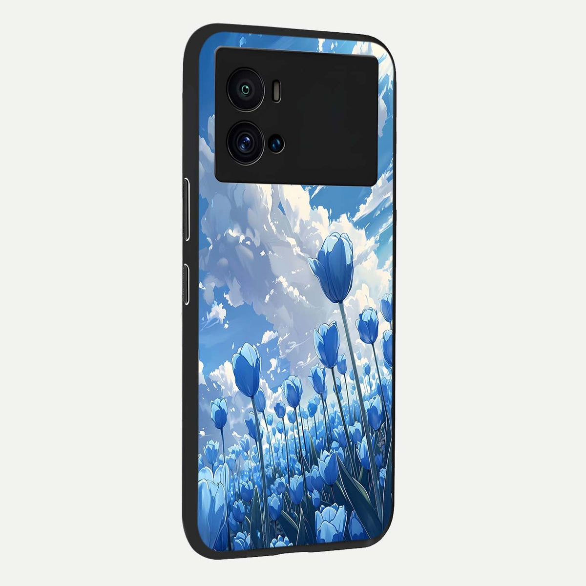  Blue Tulip Clouds back cover For iQOO 9 Pro slim fit glass case with vibrant aesthetic design