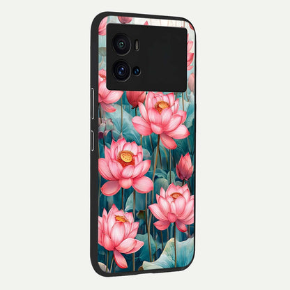  Celestial Pink Lotus back cover For iQOO 9 Pro slim fit glass case with vibrant aesthetic design