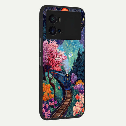  Celestial Train Journey back cover For iQOO 9 Pro slim fit glass case with vibrant aesthetic design