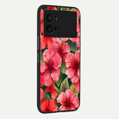  Hibiscus Pattern back cover For iQOO 9 Pro slim fit glass case with vibrant aesthetic design