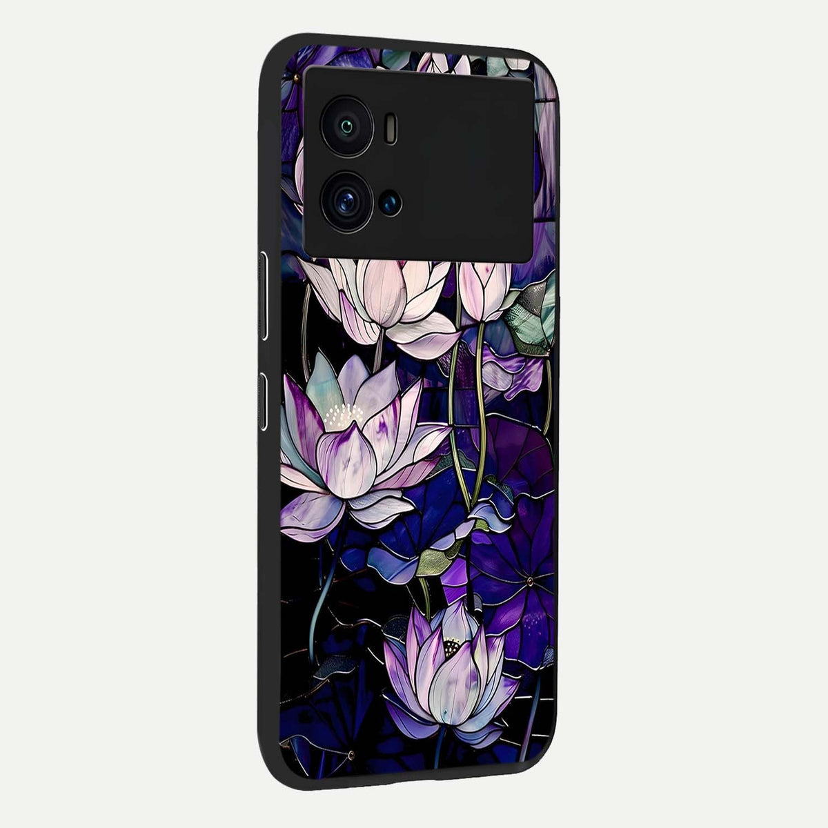  Purple Lotus Pattern back cover For iQOO 9 Pro slim fit glass case with vibrant aesthetic design