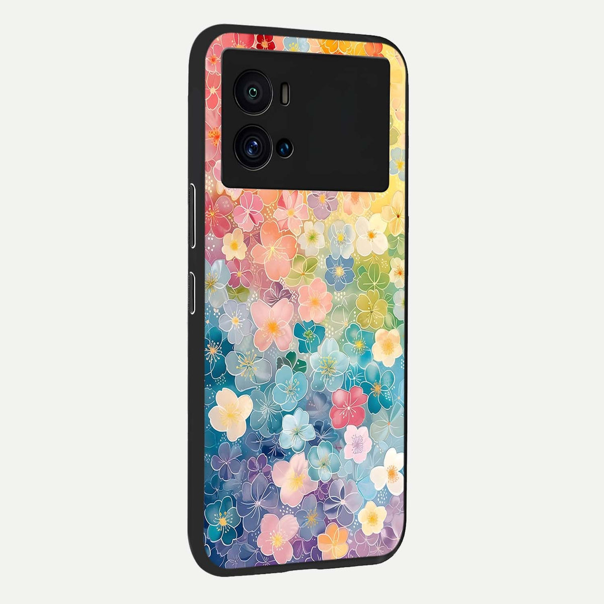  Rainbow Blossom Burst back cover For iQOO 9 Pro slim fit glass case with vibrant aesthetic design