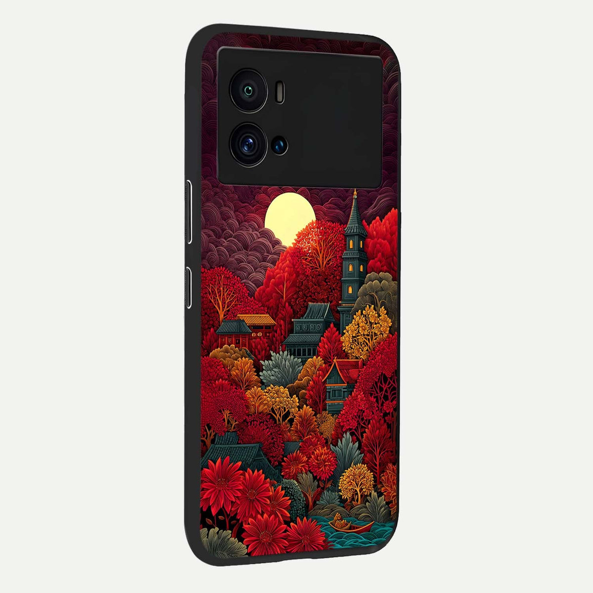  Scarlet Autumn Temple back cover For iQOO 9 Pro slim fit glass case with vibrant aesthetic design