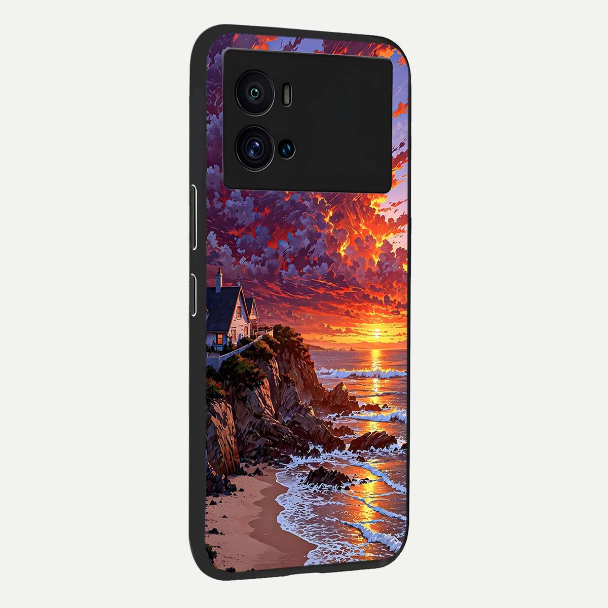  Sunset House By Sea back cover For iQOO 9 Pro slim fit glass case with vibrant aesthetic design