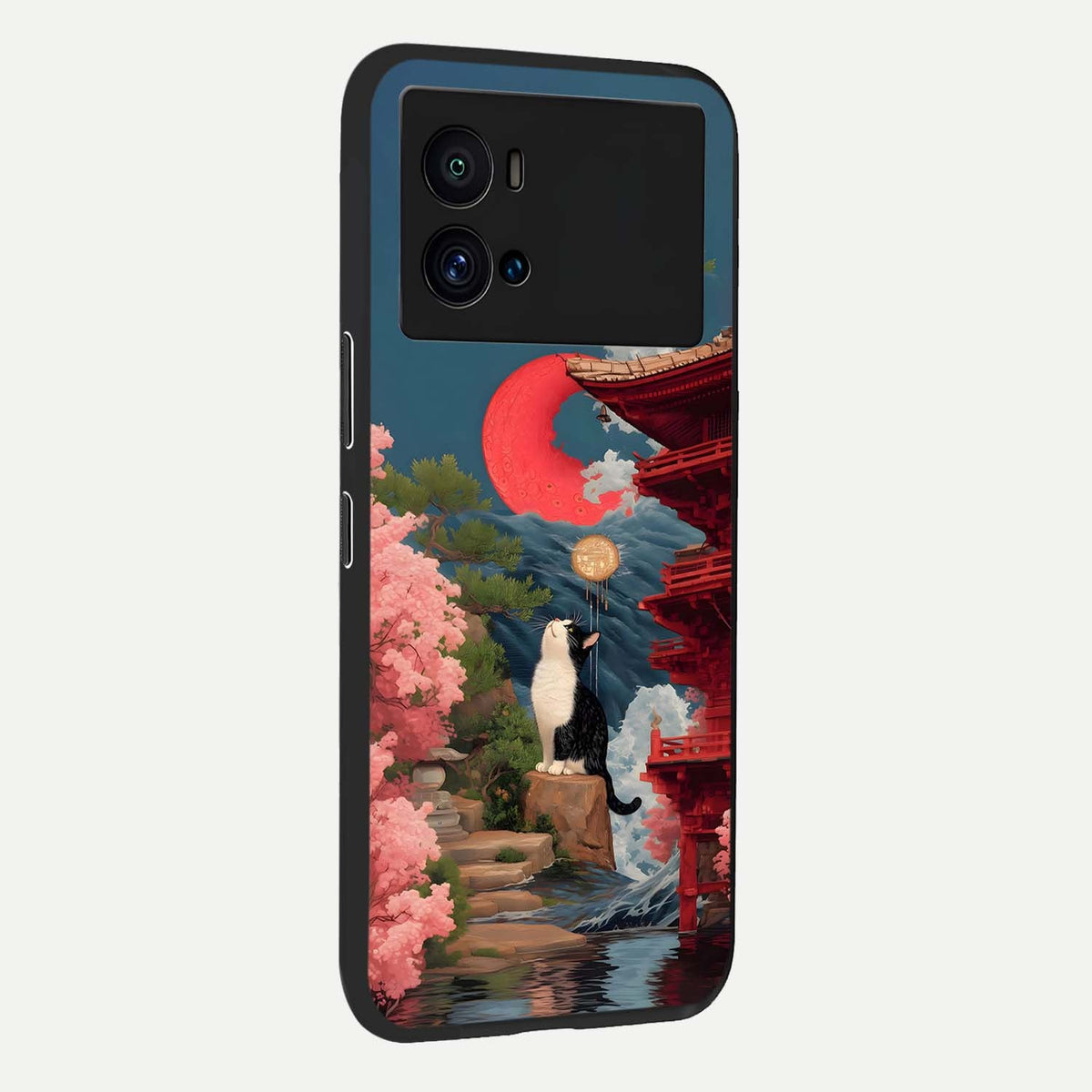  Temple Cat Scenery back cover For iQOO 9 Pro slim fit glass case with vibrant aesthetic design