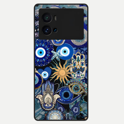  Mystic Blue Evil Eye Glass Case For iQOO 9 Pro back cover – full design glossy printed glass finish