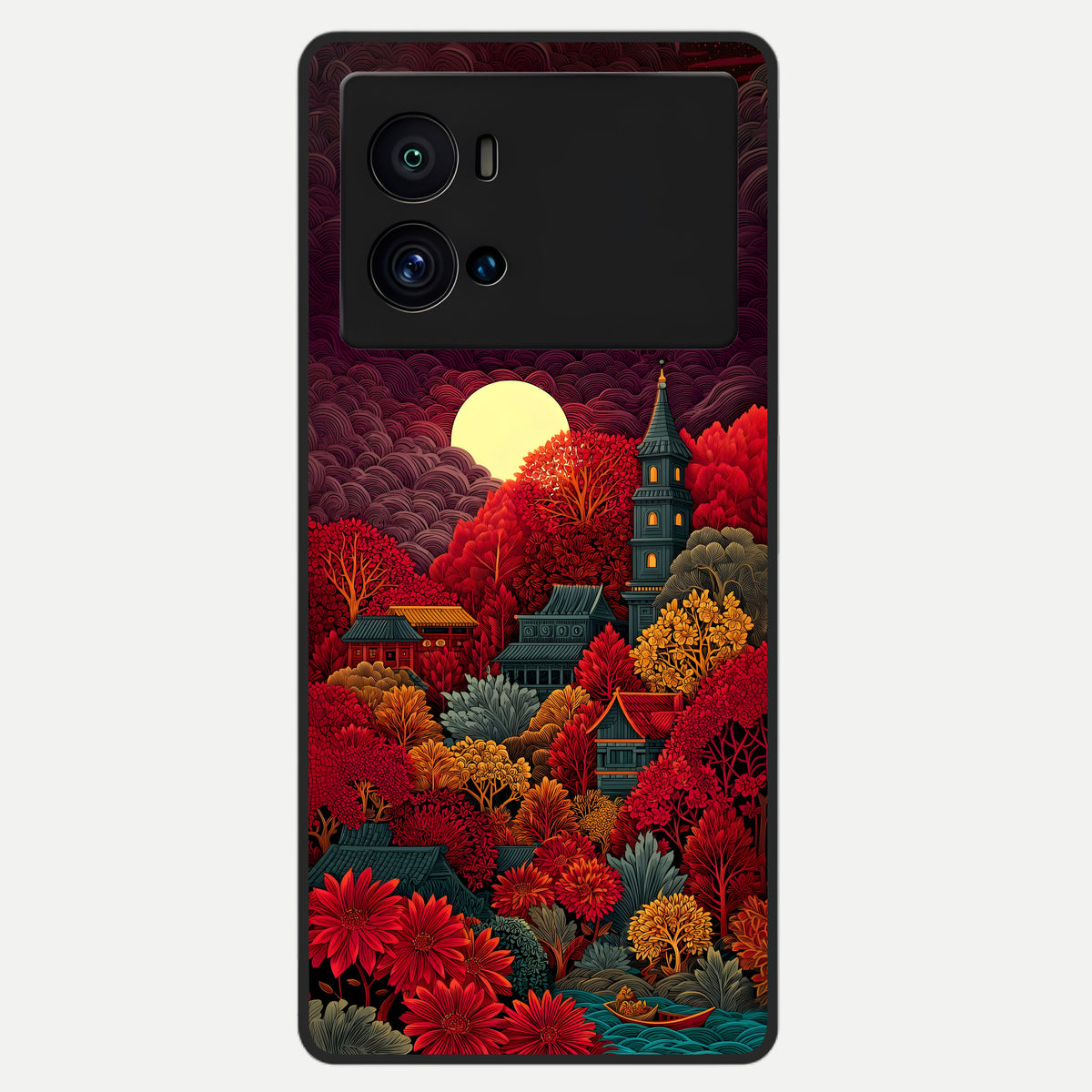  Scarlet Autumn Temple Glass Case For iQOO 9 Pro back cover – full design glossy printed glass finish