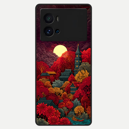  Scarlet Autumn Temple Glass Case For iQOO 9 Pro back cover – full design glossy printed glass finish