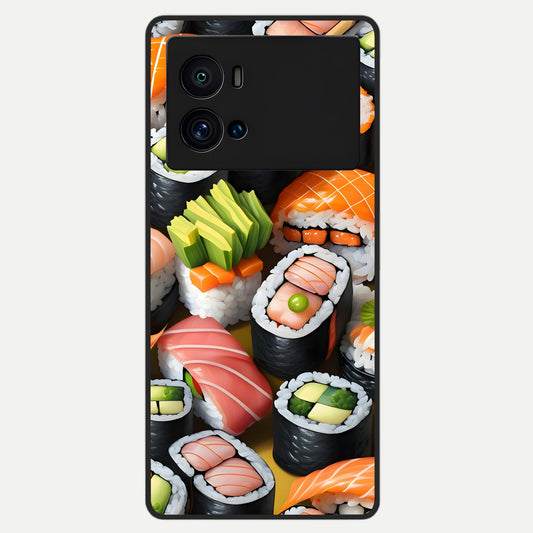 Sushi Food Pattern Glass Case For iQOO 9 Pro back cover – full design glossy printed glass finish