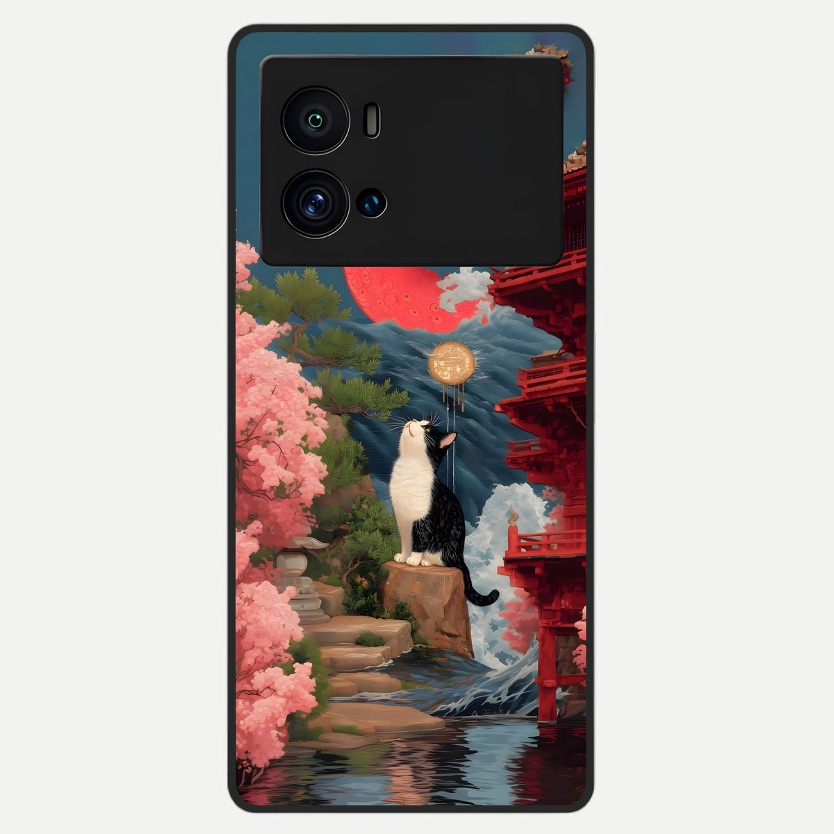 Temple Cat Scenery Glass Case For iQOO 9 Pro back cover – full design glossy printed glass finish