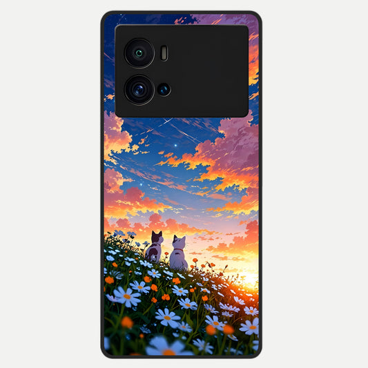  Two Cats Friends Glass Case For iQOO 9 Pro back cover – full design glossy printed glass finish