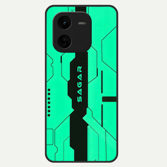  Aqua Tech CYBERPUNK Custom Name Glass Case For iQOO Z9x 5G back cover – full design glossy printed glass finish