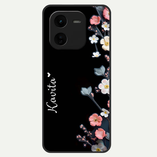  Black Elegance Floral Custom Name Glass Case For iQOO Z9x 5G back cover – full design glossy printed glass finish