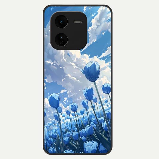  Blue Tulip Clouds Glass Case For iQOO Z9x 5G back cover – full design glossy printed glass finish