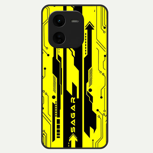  Electric Pulse CYBERPUNK Custom Name Glass Case For iQOO Z9x 5G back cover – full design glossy printed glass finish