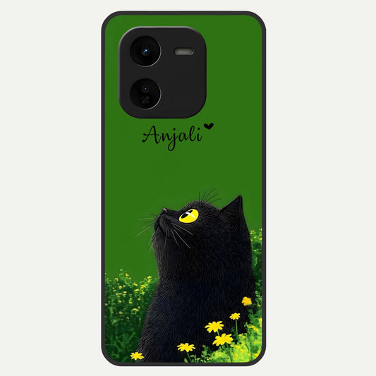  Emerald Cat Custom Name Glass Case For iQOO Z9x 5G back cover – full design glossy printed glass finish