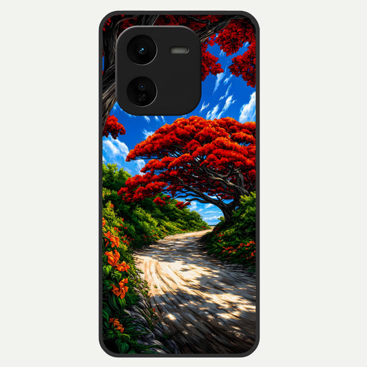  Red Trees Pathway Glass Case For iQOO Z9x 5G back cover – full design glossy printed glass finish