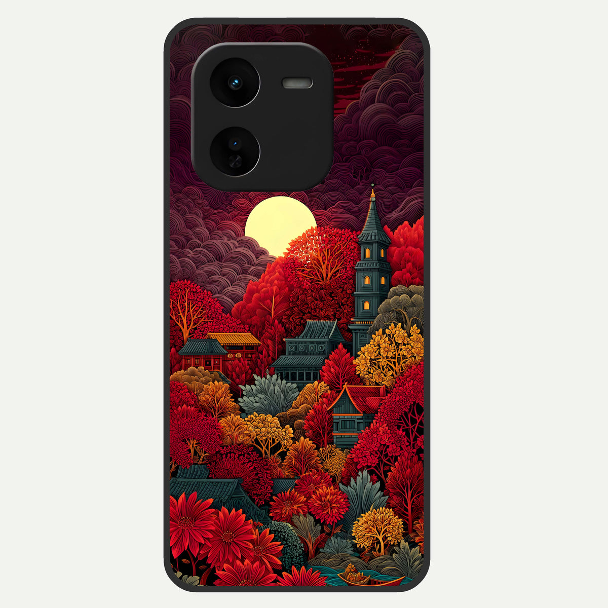  Scarlet Autumn Temple Glass Case For iQOO Z9x 5G back cover – full design glossy printed glass finish