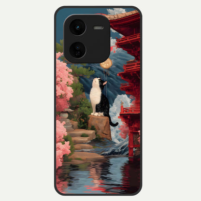  Temple Cat Scenery Glass Case For iQOO Z9x 5G back cover – full design glossy printed glass finish