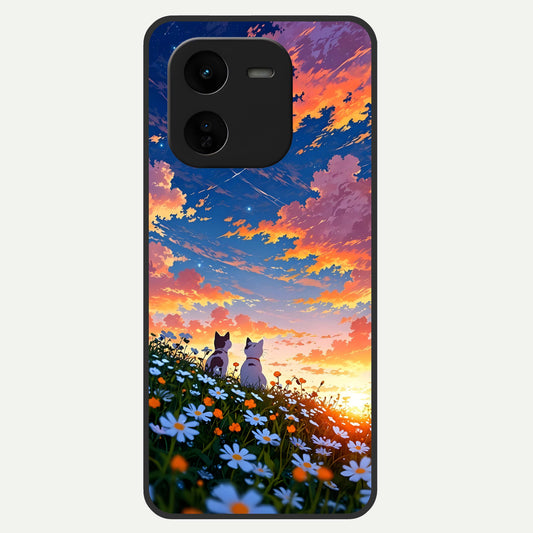  Two Cats Friends Glass Case For iQOO Z9x 5G back cover – full design glossy printed glass finish