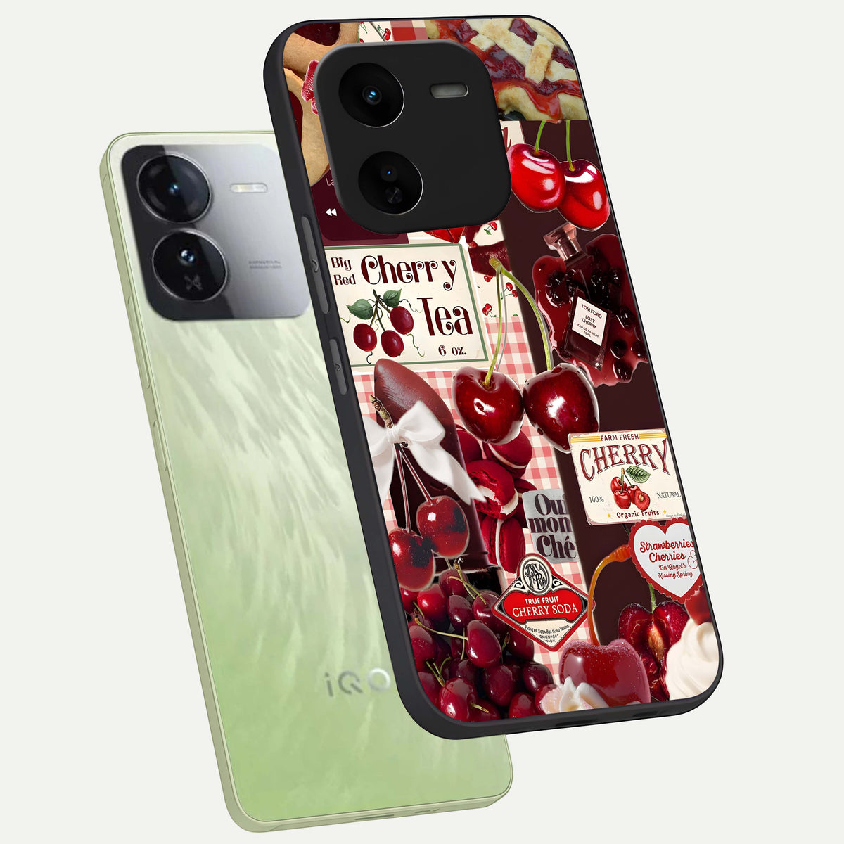  Aesthetic Cherry Tea phone case For iQOO Z9x 5G showing premium glass back cover with detailed artwork