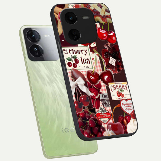  Aesthetic Cherry Tea phone case For iQOO Z9x 5G showing premium glass back cover with detailed artwork